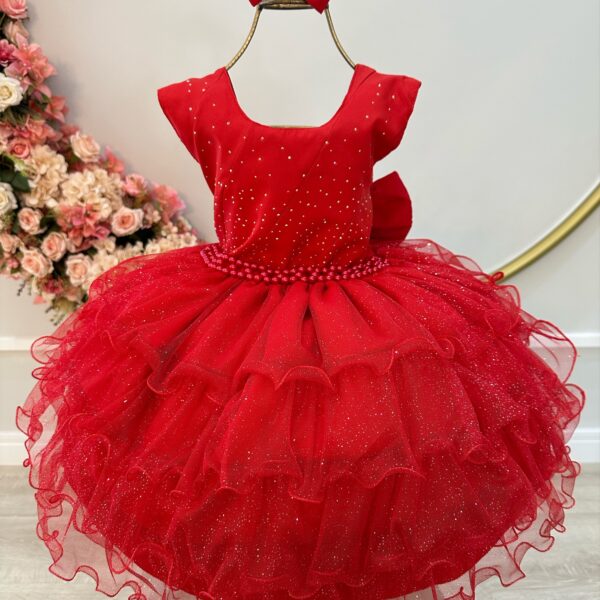 Vestido Infantil Vermelho Saia C/ Babados e Glitter Daminhas (3048VA)