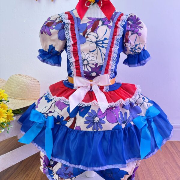 Fantasia Infantil Junino Azul e Vermelho Flores Coloridas Tamanho:12 (0974AZ12)
