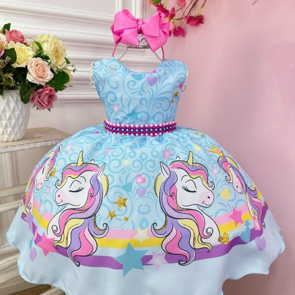 Vestido Infantil Unicórnio Arco Iris Azul Com Cinto Festas Tamanho:4 (0711AA4)