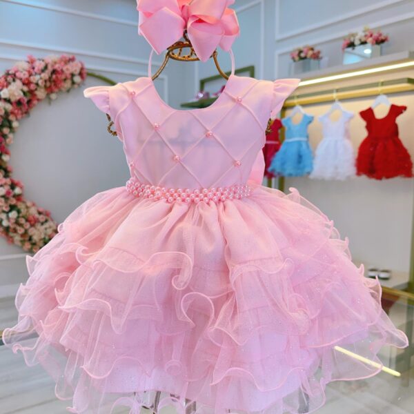 Vestido Infantil Batizado Rosa Claro Saia Com Babados Luxo Tamanho:G(7 a 11 meses) (4004RSG)
