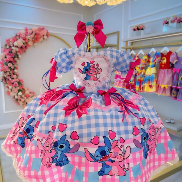 Vestido Infantil Lilo Stitch e Angel Xadrez Azul Festas Tamanho:1 (1419AZ1)