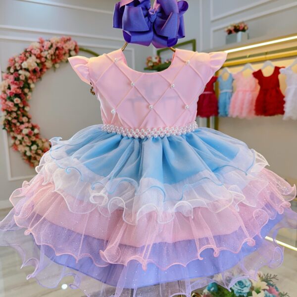 Vestido Bebê Rosa Busto Nervura Saia Babados Coloridos Tamanho:M(5 a 6 meses) (4004RRM)
