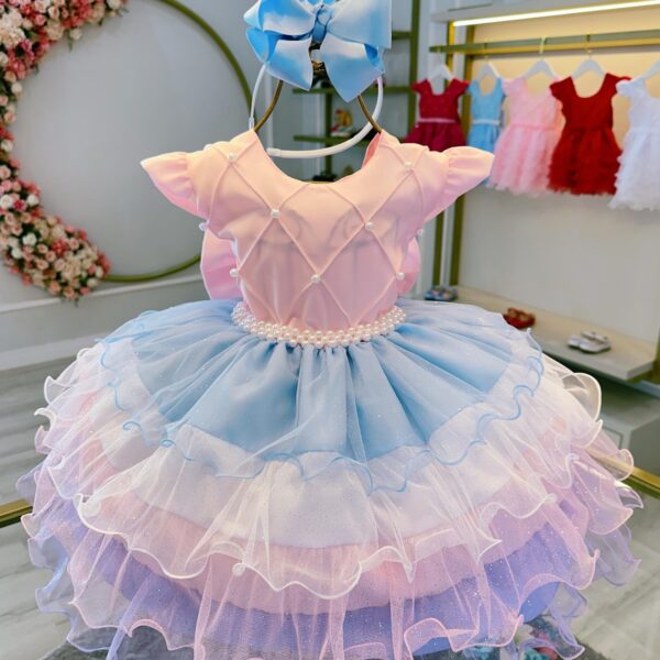 Vestido Infantil Rosa Busto Nervura Saia Babados Coloridos Tamanho:6 (4004RA6)