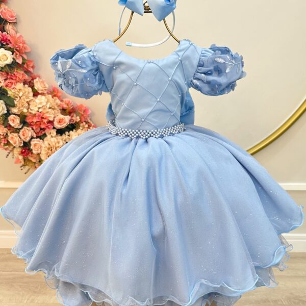Vestido Infantil Azul Claro C/ Busto Nervura Daminhas Festas Tamanho:10 (2927AZ10)