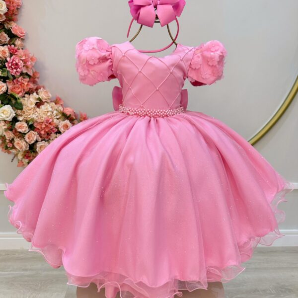 Vestido Infantil Rosa C/ Busto Nervura Daminhas Festas Tamanho:12 (2927RS12)