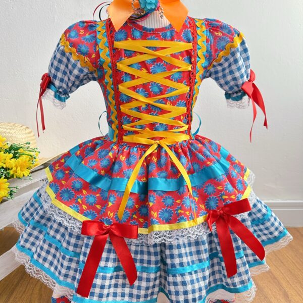 Fantasia Infantil Junino Arraiá Vermelho e Azul Com Estampa (6071AZ)
