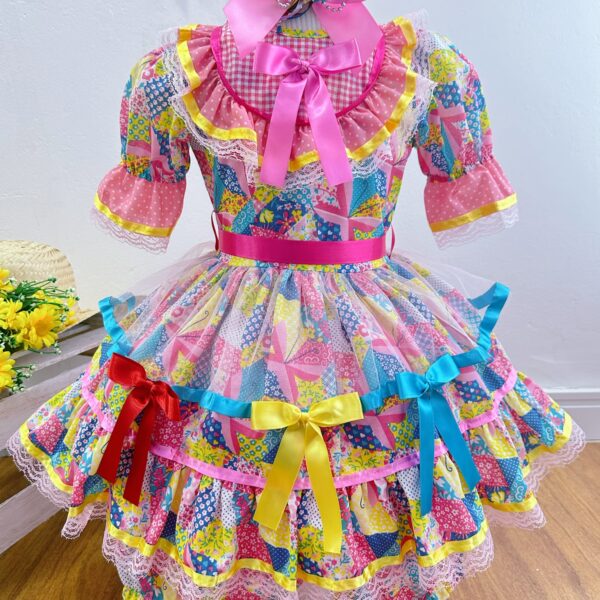 Fantasia Infantil Junino Rosa Com Estampa Colorida Festas (6017RB)