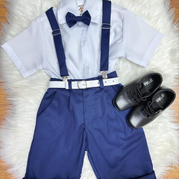Conjunto Social Camisa Branca e Short Susp. Gravata Azul Marinho (0227AK)